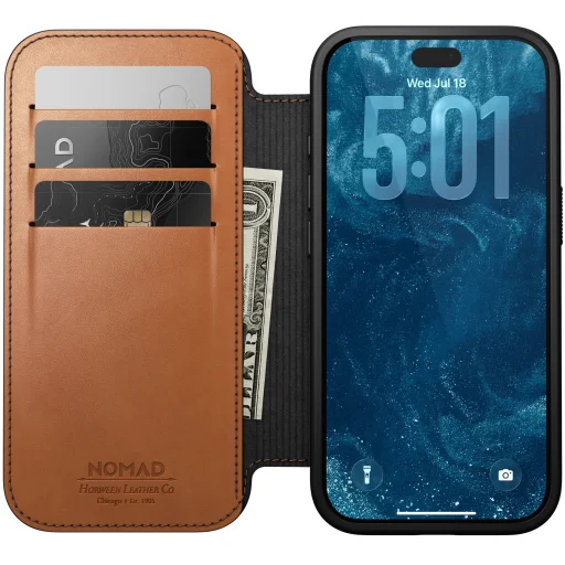 iPhone 18 Pro/17 Pro Nomad Modern Leather Folio Horween bőr könyvtok, nyeregbarna - 6