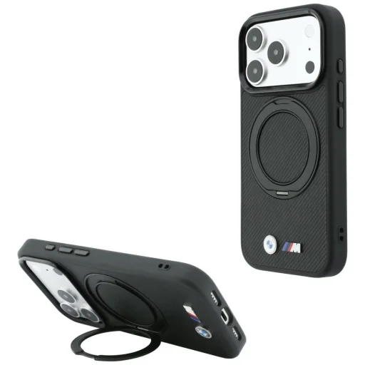 iPhone 18 Pro / 17 Pro čierny BMW Kevlar Ring Stand 360 MagSafe ochranný kryt - 1