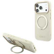 iPhone 18 Pro / iPhone 17 Pro béžové Guess Ring Stand 360 MagSafe puzdro zo zrnitej umelej kože