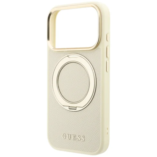 iPhone 18 Pro / iPhone 17 Pro béžové Guess Ring Stand 360 MagSafe puzdro zo zrnitej umelej kože - 6
