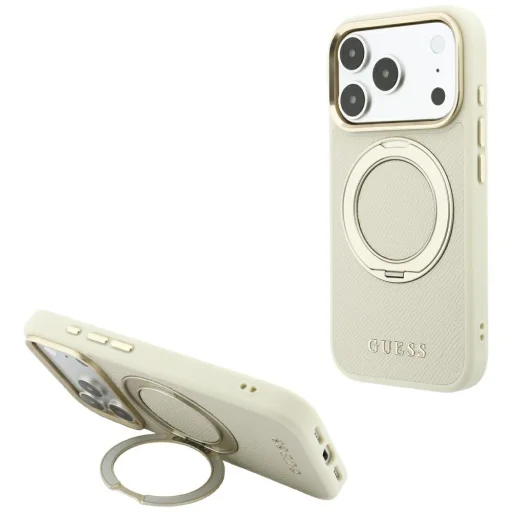 iPhone 18 Pro / iPhone 17 Pro béžové Guess Ring Stand 360 MagSafe puzdro zo zrnitej umelej kože - 1
