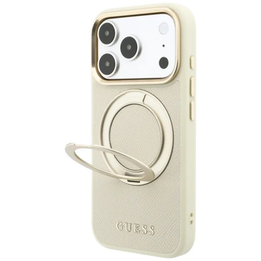 iPhone 18 Pro / iPhone 17 Pro béžové Guess Ring Stand 360 MagSafe puzdro zo zrnitej umelej kože - 2