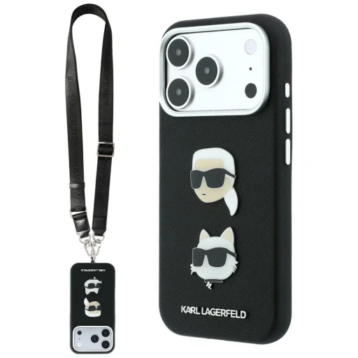 iPhone 18 Pro / iPhone 17 Pro čierne puzdro Karl Lagerfeld Saffiano Karl&Choupette s remienkom - 1