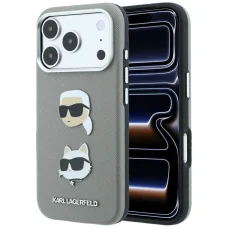 iPhone 18 Pro / iPhone 17 Pro sivé puzdro Karl Lagerfeld Saffiano s portrétom Karla a Choupette a logom