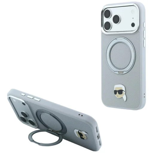 iPhone 18 Pro Max / 17 Pro Max sivé puzdro Karl Lagerfeld Ring Stand 360 Karl Head Pin MagSafe - 1