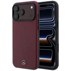 iPhone 18 Pro / 17 Pro Mercedes-Benz Iconic Line čiastočne lemujúce, MagSafe kompatibilné kožené puzdro, bordové