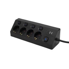 OME KNVK04KUSBC 4-zásuvkový predlžovací prívod, samostatne vypínateľné zásuvky, max. 3680 W, 2 m, čierny, 2xUSB-C, 2xUSB-A