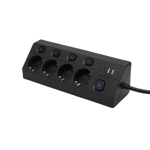OME KNVK04KUSBC 4-zásuvkový predlžovací prívod, samostatne vypínateľné zásuvky, max. 3680 W, 2 m, čierny, 2xUSB-C, 2xUSB-A - 1