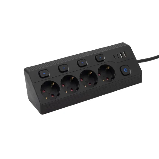 OME KNVK04KUSBC 4-zásuvkový predlžovací prívod, samostatne vypínateľné zásuvky, max. 3680 W, 2 m, čierny, 2xUSB-C, 2xUSB-A - 2