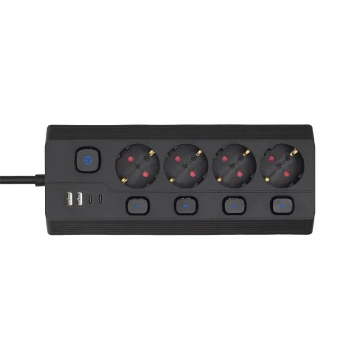 OME KNVK04KUSBC 4-zásuvkový predlžovací prívod, samostatne vypínateľné zásuvky, max. 3680 W, 2 m, čierny, 2xUSB-C, 2xUSB-A - 3