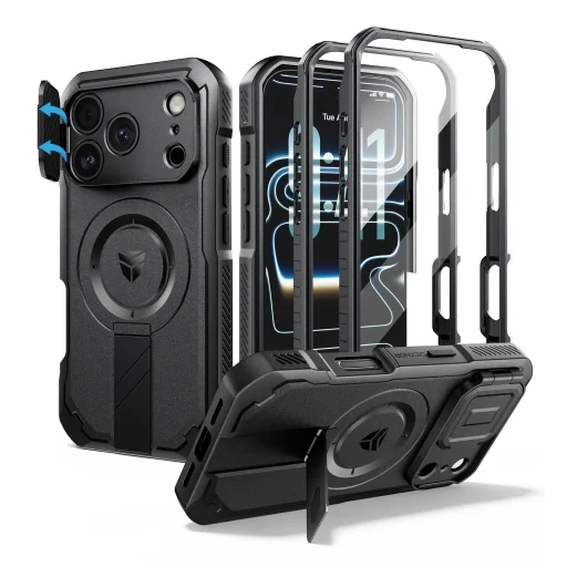 iPhone 18 Pro Dexnor Full Body nárazuvzdorné puzdro s ochranou fotoaparátu, zabudovanou ochranou displeja, stojanom, kompatibilné s MagSafe, čierne - 1