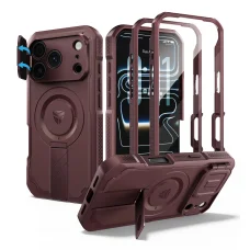 iPhone 18 Pro Dexnor Full Body nárazuvzdorný kryt s výklopným krytom fotoaparátu, ochranou displeja a stojanom, kompatibilný s MagSafe, bordový