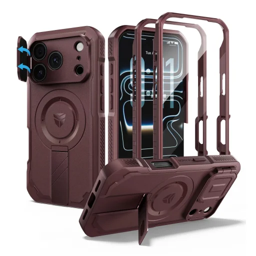 iPhone 18 Pro Dexnor Full Body nárazuvzdorný kryt s výklopným krytom fotoaparátu, ochranou displeja a stojanom, kompatibilný s MagSafe, bordový - 1