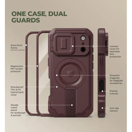iPhone 18 Pro Dexnor Full Body nárazuvzdorný kryt s výklopným krytom fotoaparátu, ochranou displeja a stojanom, kompatibilný s MagSafe, bordový - 2