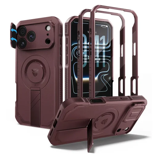 iPhone 18 Pro Max Dexnor Full Body nárazuvzdorné puzdro s výklopným krytom fotoaparátu, ochranou displeja a stojanom, kompatibilné s MagSafe, bordové - 1
