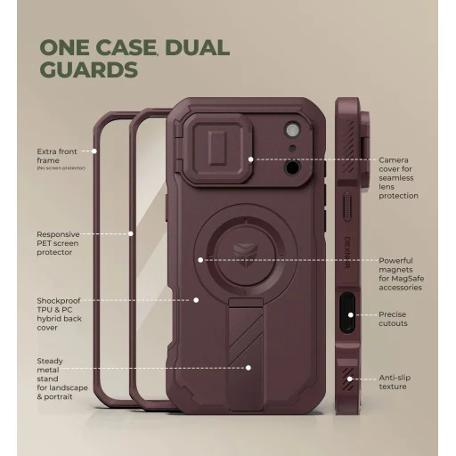 iPhone 18 Pro Max Dexnor Full Body nárazuvzdorné puzdro s výklopným krytom fotoaparátu, ochranou displeja a stojanom, kompatibilné s MagSafe, bordové - 3