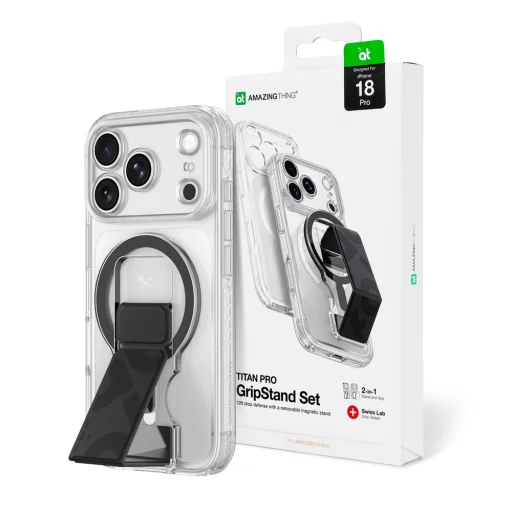 iPhone 18 Pro priehľadný kryt AmazingThing Titan Pro Lens Stand Set s magnetickým držiakom - 1