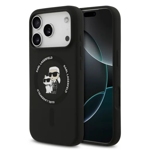  iPhone 18 Pro Max fekete Karl Lagerfeld Karl és Choupette folyékony szilikon MagSafe tok - 1