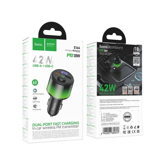 Hoco E166 Bluetooth FM vysielač do auta, 2 × USB-A, USB-C, 42 W, čierny - 9