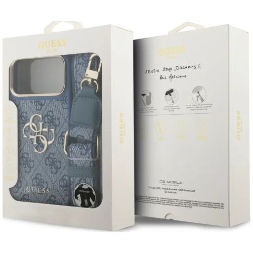 Puzdro na iPhone 18 Pro Max / 17 Pro Max – modré Guess 4G Big 4G Classic Logo, so širokým remienkom a kovovými tlačidlami - 9