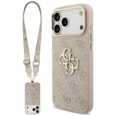 Puzdro na iPhone 18 Pro / 17 Pro – ružové Guess 4G Big 4G Classic Logo, so širokým popruhom a kovovými tlačidlami