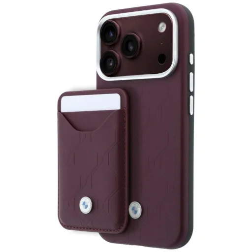  iPhone 18 Pro / iPhone 17 Pro bordó BMW steppelt mintás, fém logós tok és mágneses kártyatartó - 1