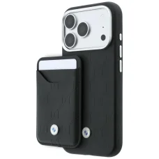 iPhone 18 Pro / 17 Pro čierne BMW prešívané puzdro s kovovým logom a magnetický držiak na karty