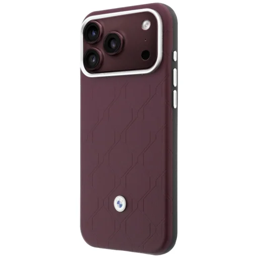  iPhone 18 Pro / iPhone 17 Pro bordó BMW steppelt mintás, fém logós tok és mágneses kártyatartó - 2