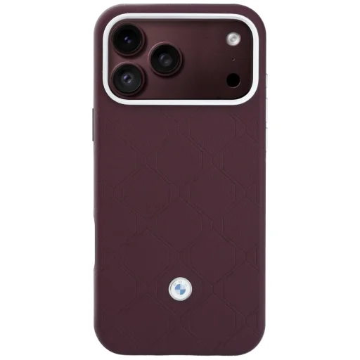  iPhone 18 Pro / iPhone 17 Pro bordó BMW steppelt mintás, fém logós tok és mágneses kártyatartó - 3