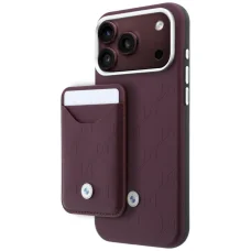 iPhone 18 Pro Max / 17 Pro Max bordové BMW prešívané puzdro s kovovým logom a magnetickým držiakom na karty