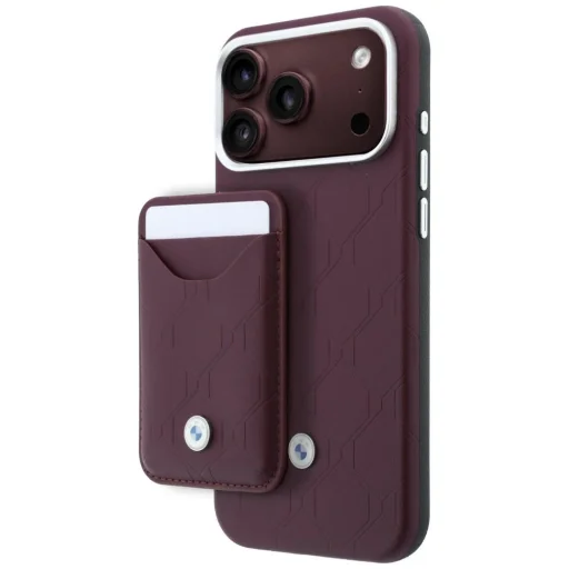 iPhone 18 Pro Max / 17 Pro Max bordové BMW prešívané puzdro s kovovým logom a magnetickým držiakom na karty - 1
