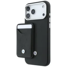 iPhone 18 Pro Max / iPhone 17 Pro Max BMW puzdro s prešívaným vzorom, kovovým logom a magnetický držiak na karty, čierne