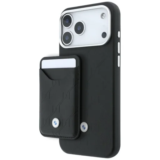 iPhone 18 Pro Max / iPhone 17 Pro Max BMW puzdro s prešívaným vzorom, kovovým logom a magnetický držiak na karty, čierne - 1
