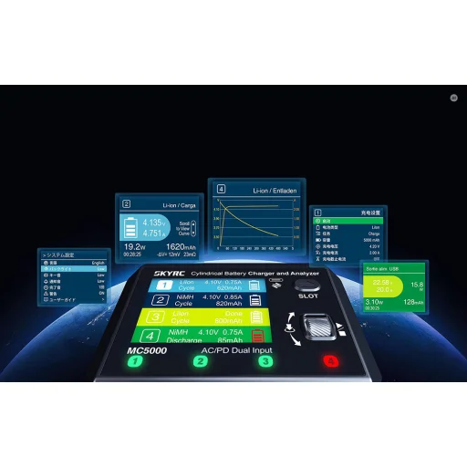SkyRC MC5000 négycsatornás akkumulátortöltő és -elemző USB-C csatlakozással - 7