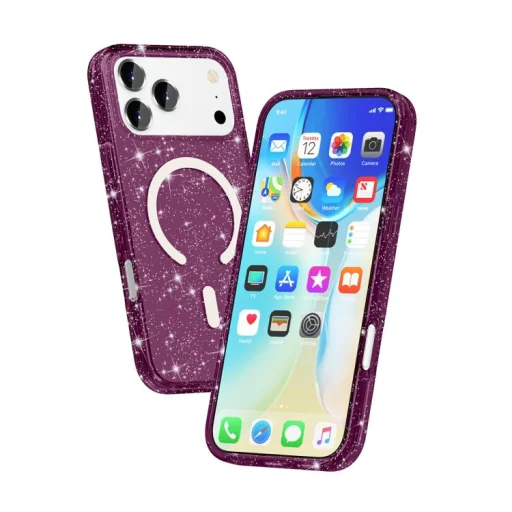 iPhone 18 Pro Max / 17 Pro Max készülékhez Terminátor stílusú csillámporos MagSafe mágneses telefontok (cseresznyepiros) tok - 3