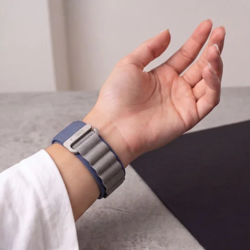  Apple Watch 8/9/10/11/12/SE/Ultra modellekhez, 44–49 mm-es Tech-Protect Nylon Pro fonott nejlon óraszíj, sötétkék-szürke - 5