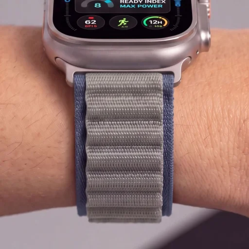  Apple Watch 8/9/10/11/12/SE/Ultra modellekhez, 44–49 mm-es Tech-Protect Nylon Pro fonott nejlon óraszíj, sötétkék-szürke - 6