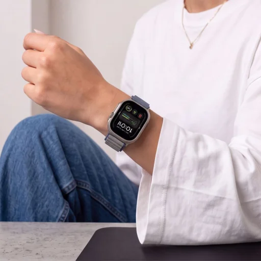  Apple Watch 8/9/10/11/12/SE/Ultra modellekhez, 44–49 mm-es Tech-Protect Nylon Pro fonott nejlon óraszíj, sötétkék-szürke - 7
