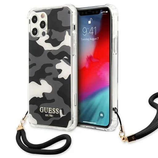 iPhone 12 Pro Max Guess GUHCP12LKSARBK Camo tok pánttal terepmintás fekete - 1