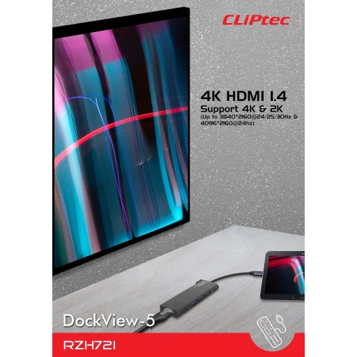 Cliptec USB HUB Adapter, USB Type-C Csatlakozással - 3xUSB 3.1 + USB Type-C + HDMI Aljzattal Szürke - 2