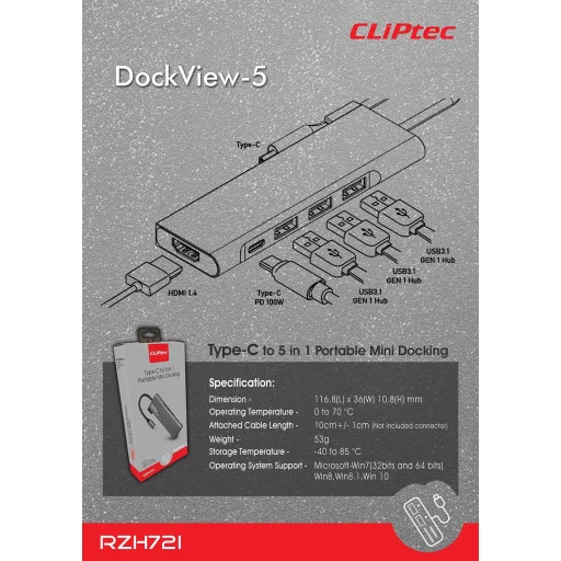 Cliptec USB HUB Adapter, USB Type-C Csatlakozással - 3xUSB 3.1 + USB Type-C + HDMI Aljzattal Szürke - 5