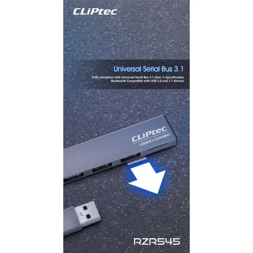 Cliptec USB HUB Adapter, USB Type-C Csatlakozással - USB 3.1 + 2xUSB 2.0 + MicroSD kártyaolvasóval Aljzattal Szürke - 2