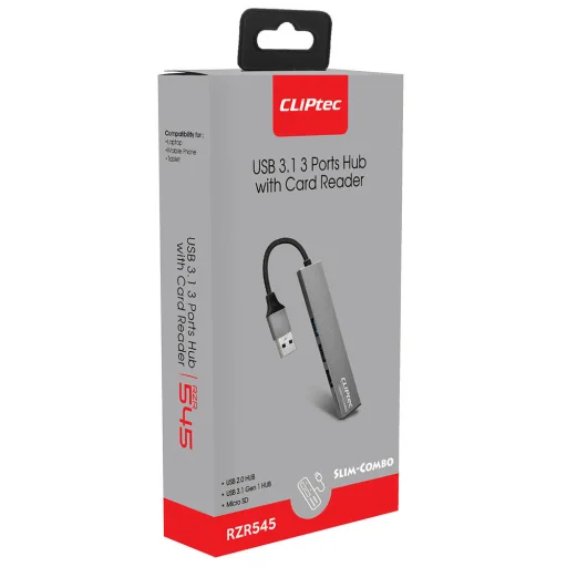Cliptec USB HUB Adapter, USB Type-C Csatlakozással - USB 3.1 + 2xUSB 2.0 + MicroSD kártyaolvasóval Aljzattal Szürke - 5