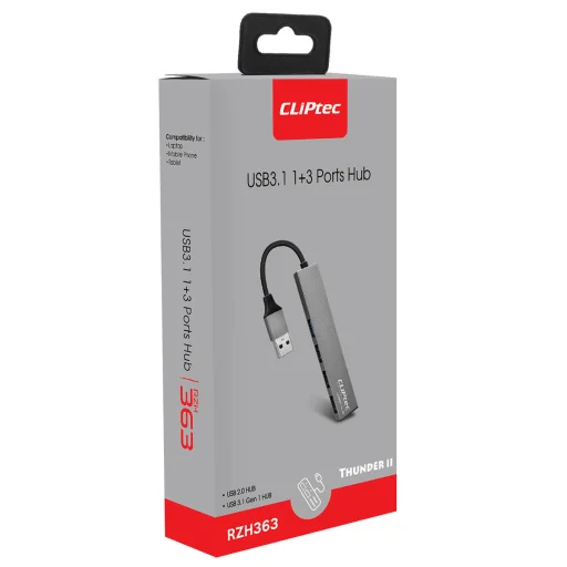 Cliptec USB HUB Adapter, USB Type-C Csatlakozással - USB 3.1 + 3xUSB 2.0 - Thunder II Szürke - 5