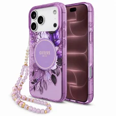 iPhone 18 Pro Max / iPhone 17 Pro Max készülékhez készült Guess IML virágmintás MagSafe tok gyöngyös pánttal, lila (GUHMP18XHFWBRCESU)