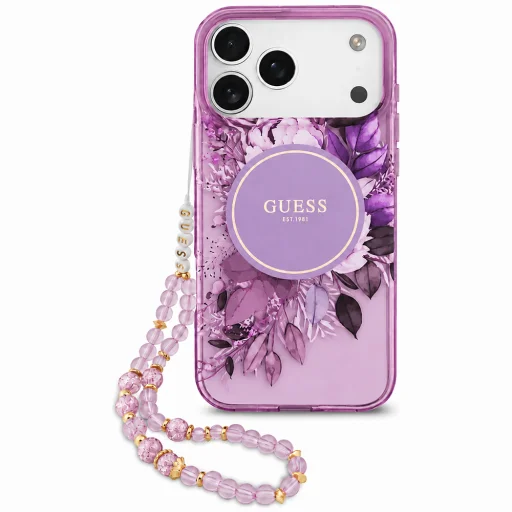  iPhone 18 Pro Max / iPhone 17 Pro Max készülékhez készült Guess IML virágmintás MagSafe tok gyöngyös pánttal, lila (GUHMP18XHFWBRCESU) - 2