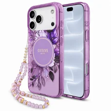  iPhone 18 Pro / iPhone 17 Pro Guess IML virágmintás MagSafe tok gyöngyös pánttal, lila (GUHMP18LHFWBRCESU)