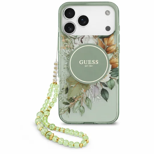 iPhone 18 Pro Max / iPhone 17 Pro Max zöld Guess IML virágmintás, gyöngypántos MagSafe tok - 2