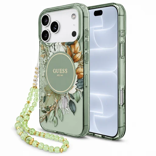 iPhone 18 Pro / iPhone 17 Pro Guess IML virágmintás MagSafe tok gyöngyös pánttal, zöld (GUHMP18LHFWBRCESN) - 1