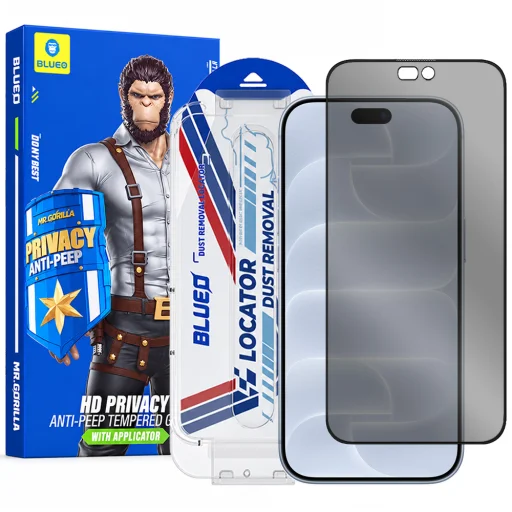 Blueo betekintésgátló kijelzővédő üveg Applicator Pro felhelyezővel iPhone 18 Pro készülékhez, fekete üvegfólia - 1